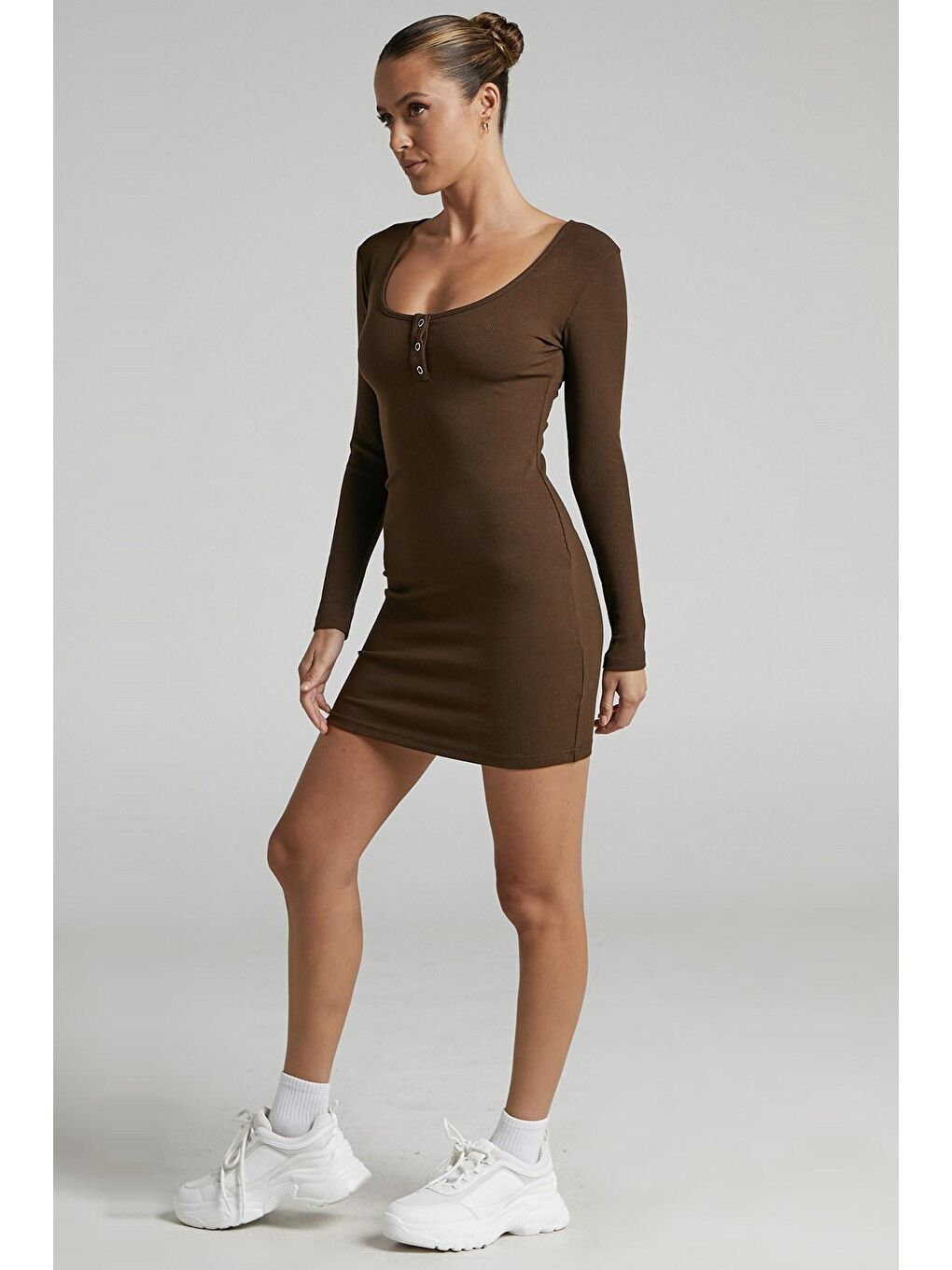 Kahverengi Uzun Kollu Basic Mini Kadın Elbise Mg1700-3