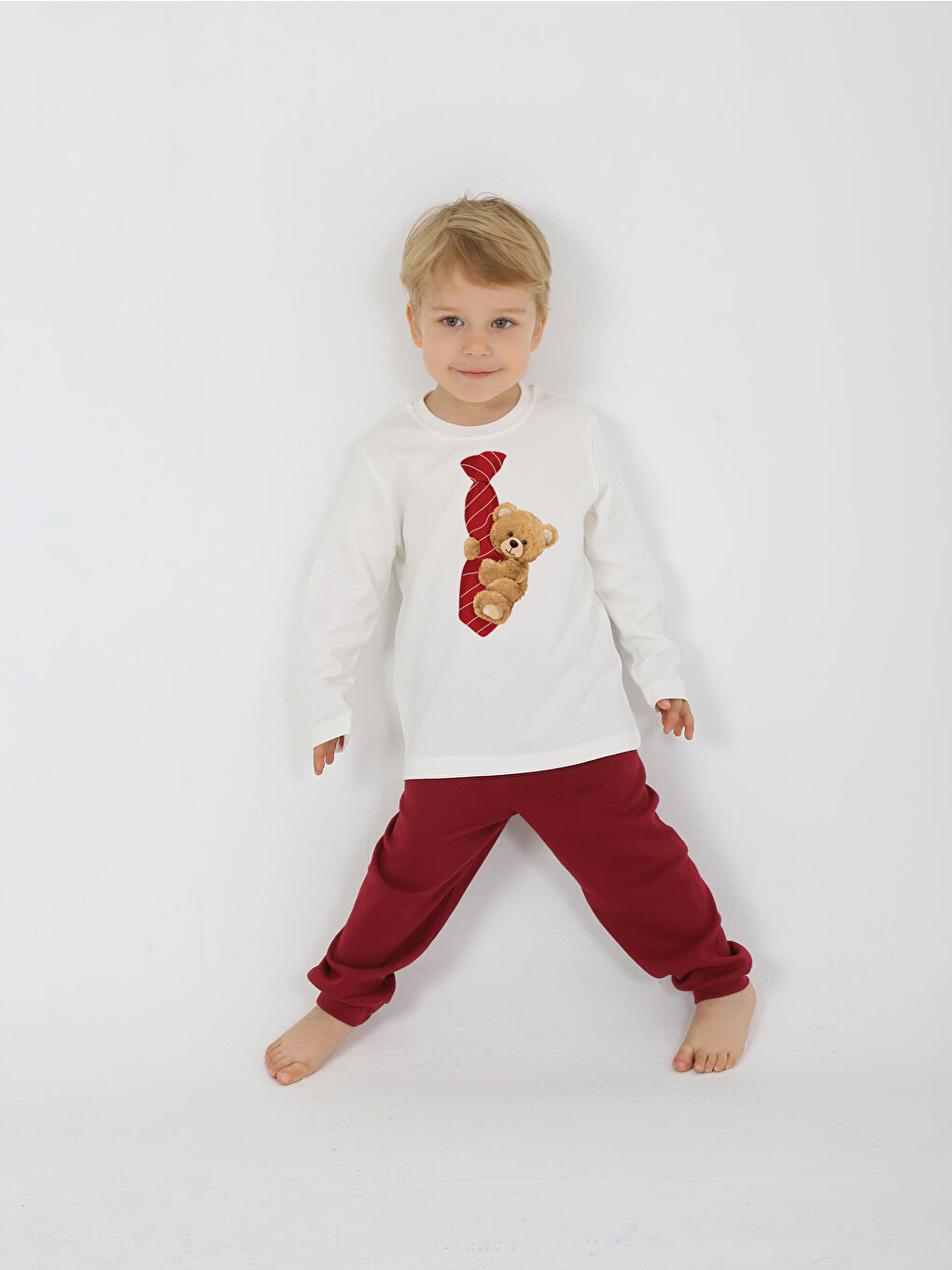 Bordo Bisiklet Yaka Uzun Kollu Erkek Çocuk Pijama Takımı