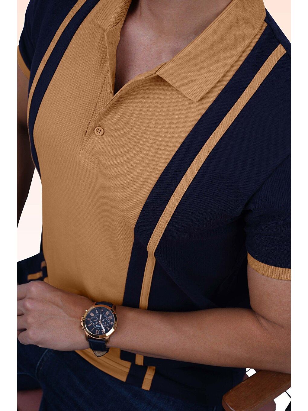 Sarı Lacivert Hardal Çift Renkli Erkek Polo Yaka %100 Pamuk Tişört