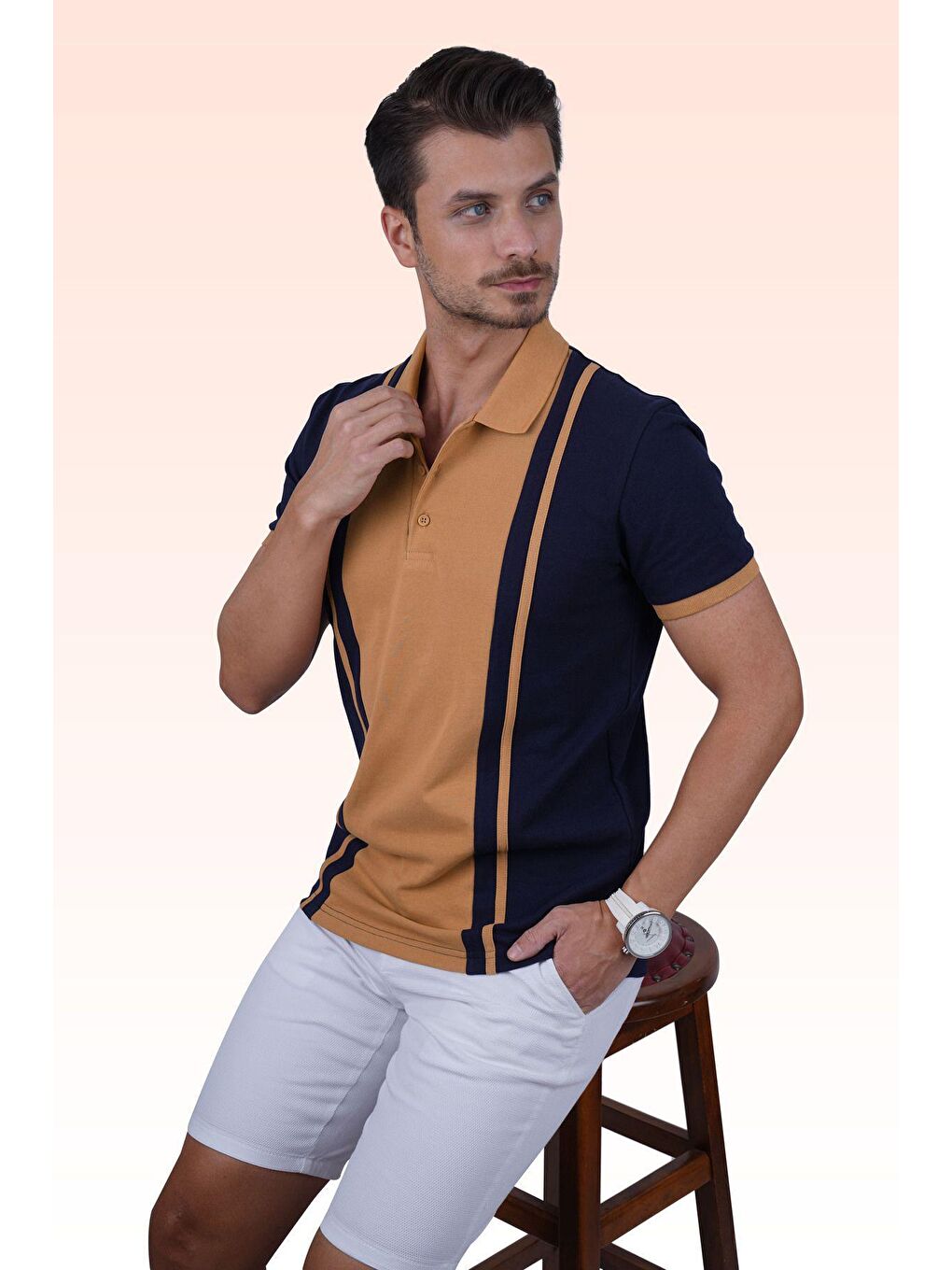 Sarı Lacivert Hardal Çift Renkli Erkek Polo Yaka %100 Pamuk Tişört-1