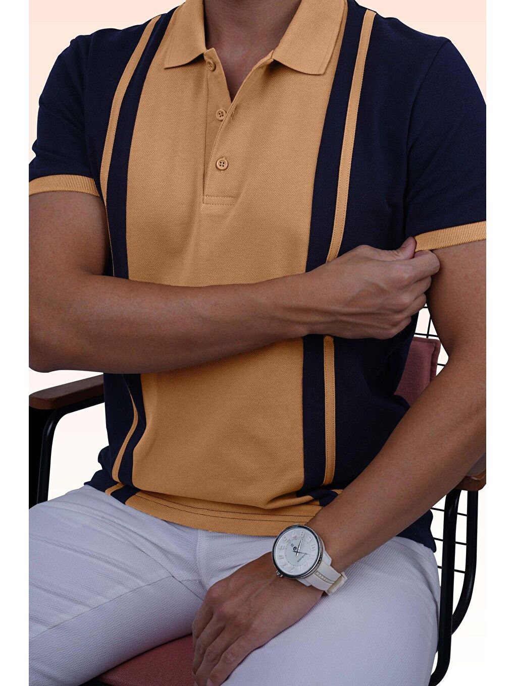 Sarı Lacivert Hardal Çift Renkli Erkek Polo Yaka %100 Pamuk Tişört-2