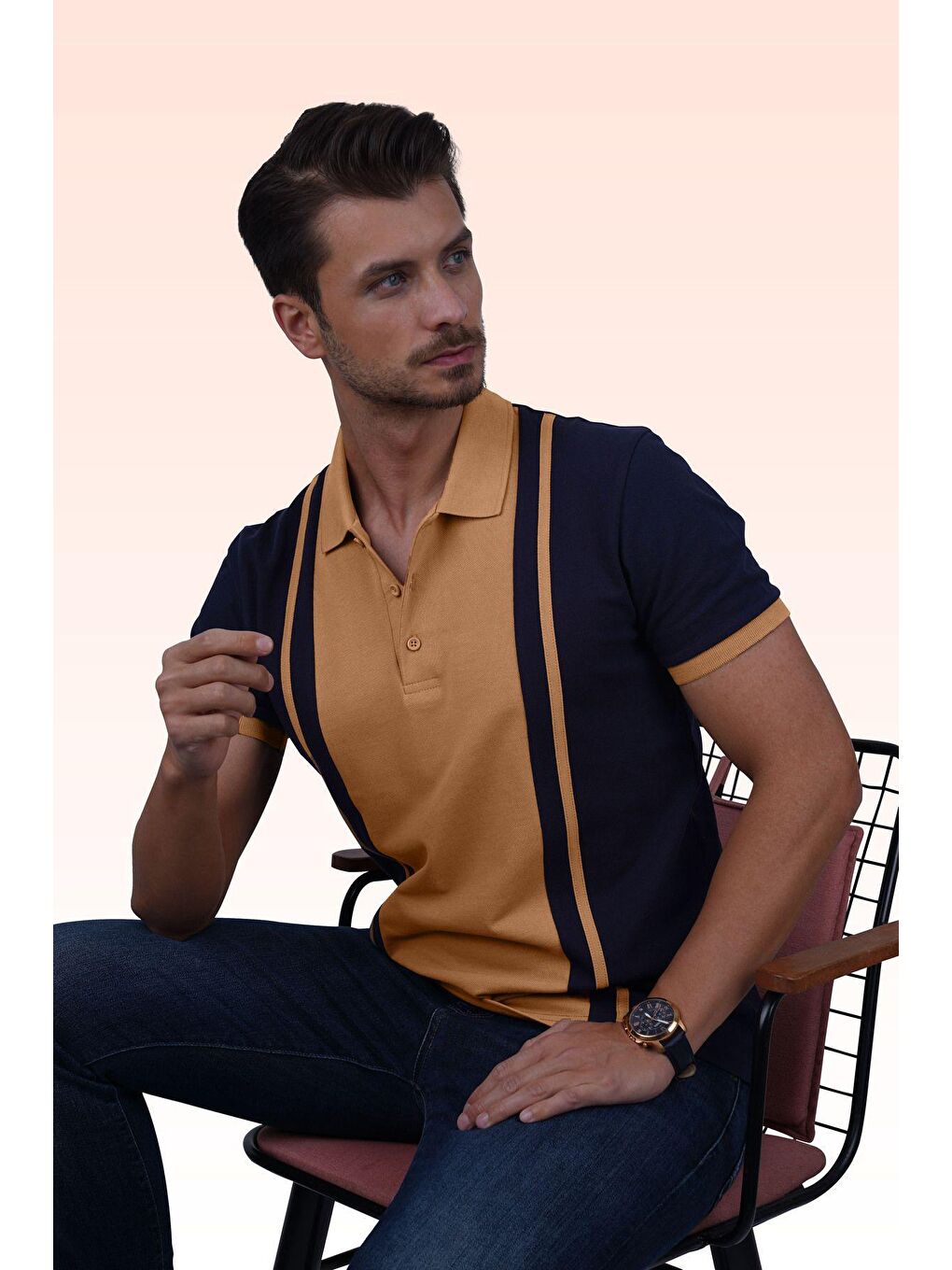 Sarı Lacivert Hardal Çift Renkli Erkek Polo Yaka %100 Pamuk Tişört-4