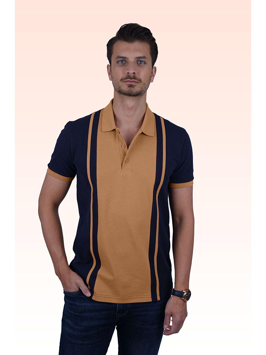 Sarı Lacivert Hardal Çift Renkli Erkek Polo Yaka %100 Pamuk Tişört-5