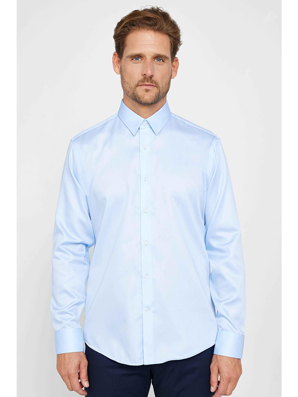 Slim Fit Mavi Non-Iron %100 Pamuk Ekoteks Belgeli Ütü Gerektirmez Gömlek-1