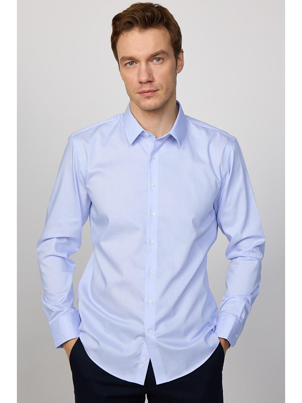 Slim Fit Mavi Non-Iron %100 Pamuk Ekoteks Belgeli Ütü Gerektirmez Gömlek-1