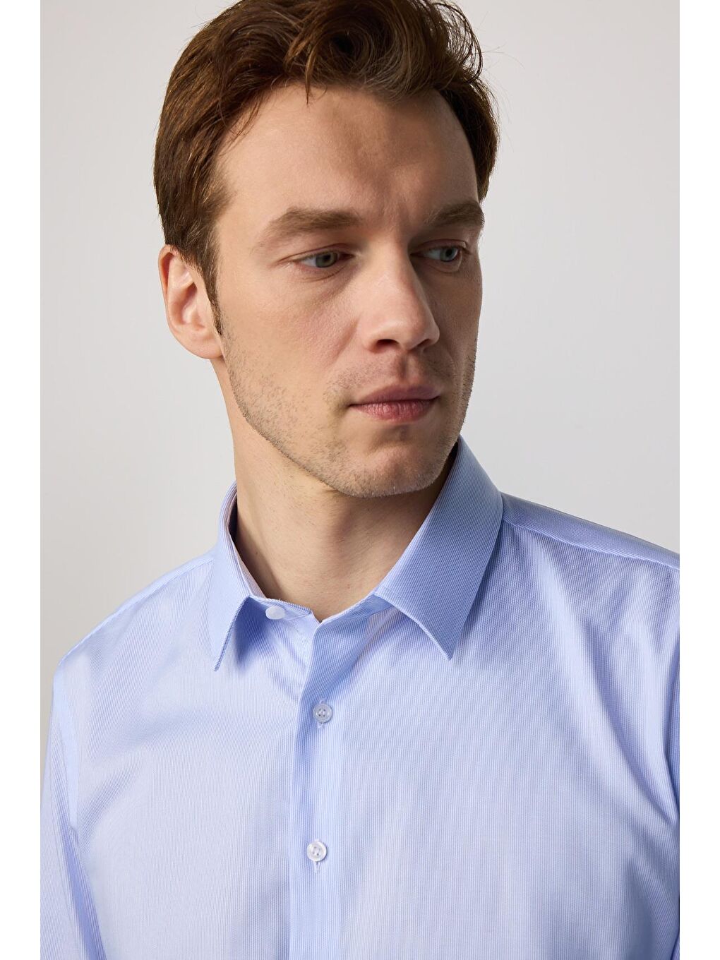 Slim Fit Mavi Non-Iron %100 Pamuk Ekoteks Belgeli Ütü Gerektirmez Gömlek-3