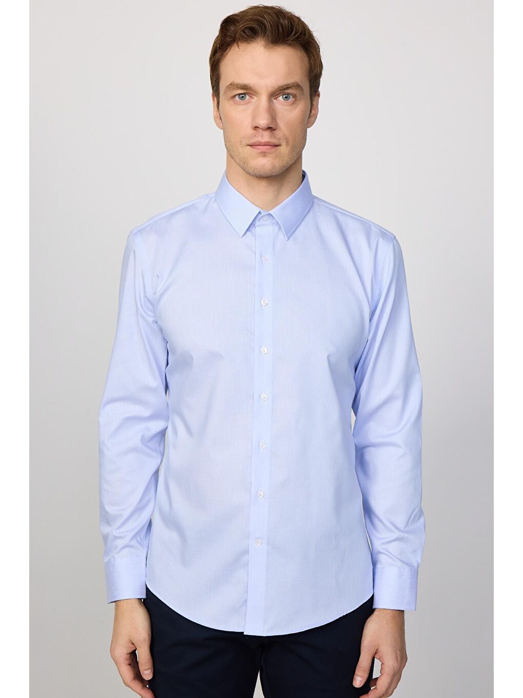 Slim Fit Mavi Non-Iron %100 Pamuk Ekoteks Belgeli Ütü Gerektirmez Gömlek-4