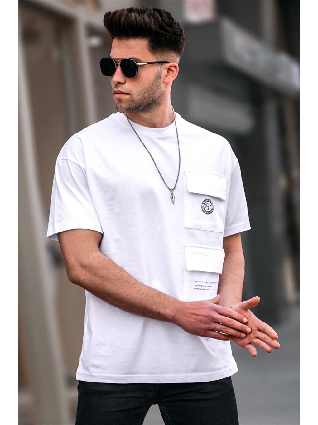 Beyaz Cep Detaylı Oversize Erkek Tişört 5835