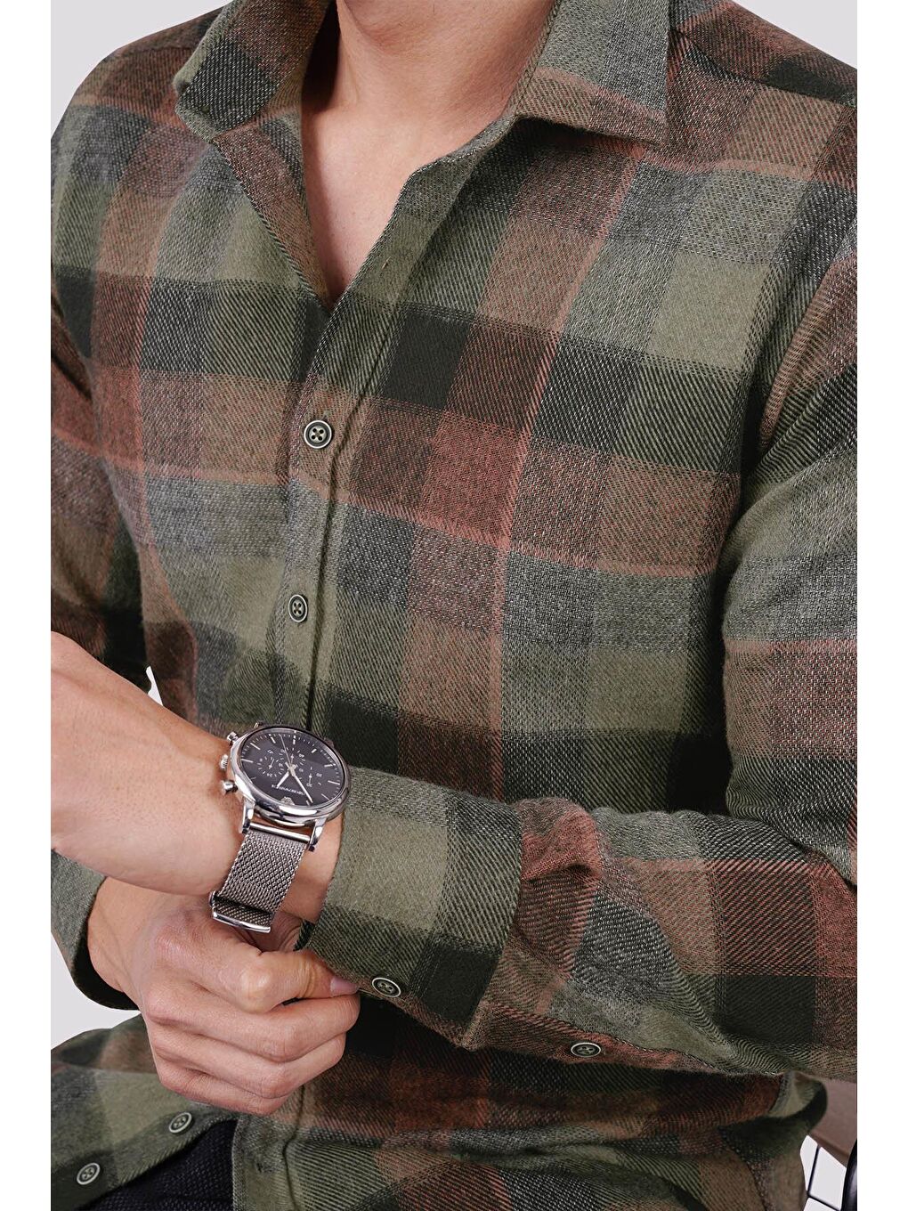 Yeşil Kahve Geçişli Slimfit %100 Pamuk Erkek Oduncu Gömlek