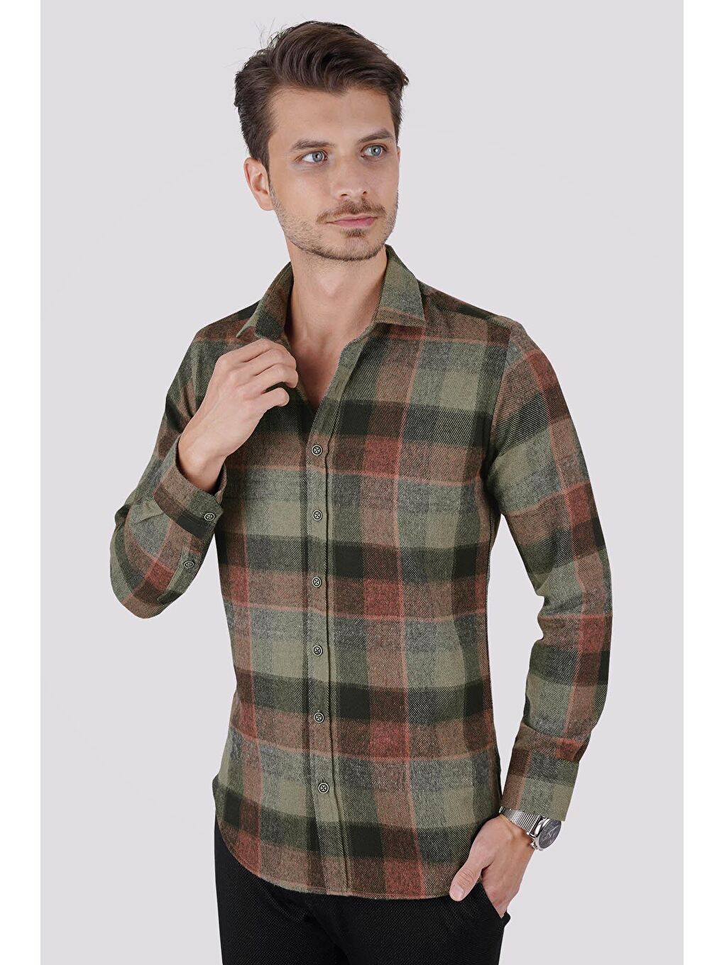 Yeşil Kahve Geçişli Slimfit %100 Pamuk Erkek Oduncu Gömlek-1