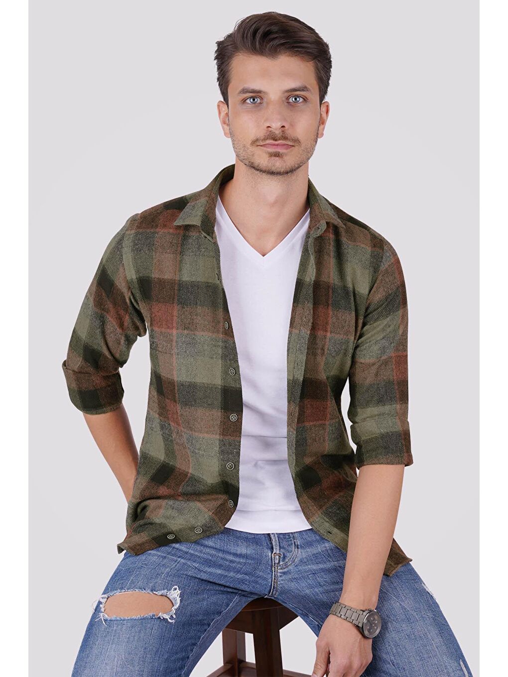 Yeşil Kahve Geçişli Slimfit %100 Pamuk Erkek Oduncu Gömlek-2