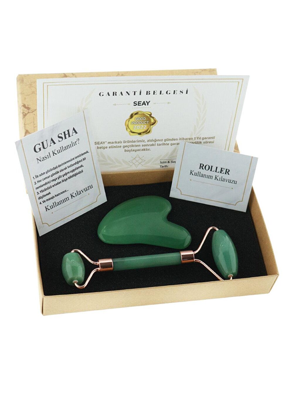 Aventurin Roller + Kalp Guasha Yüz Masaj Taşı Gençleştirici Premium Face Roller