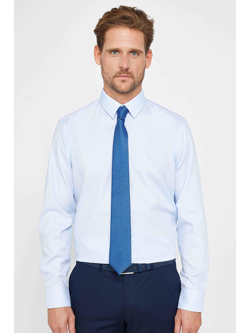 Slim Fit Açık Mavi Non-Iron %100 Pamuk Ekoteks Belgeli Ütü Gerektirmez Gömlek-1