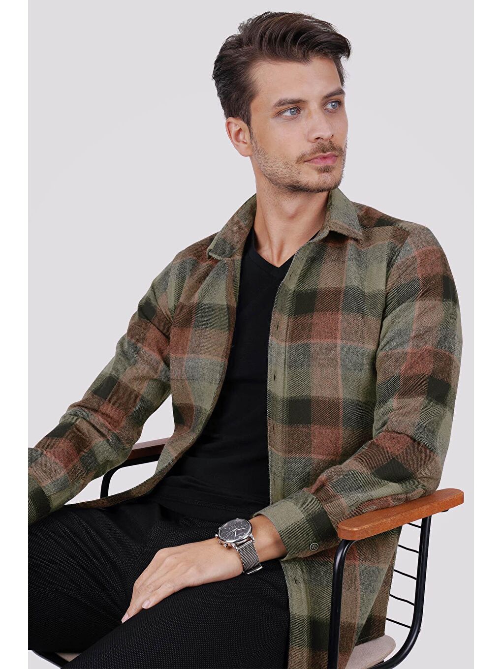 Yeşil Kahve Geçişli Slimfit %100 Pamuk Erkek Oduncu Gömlek-4