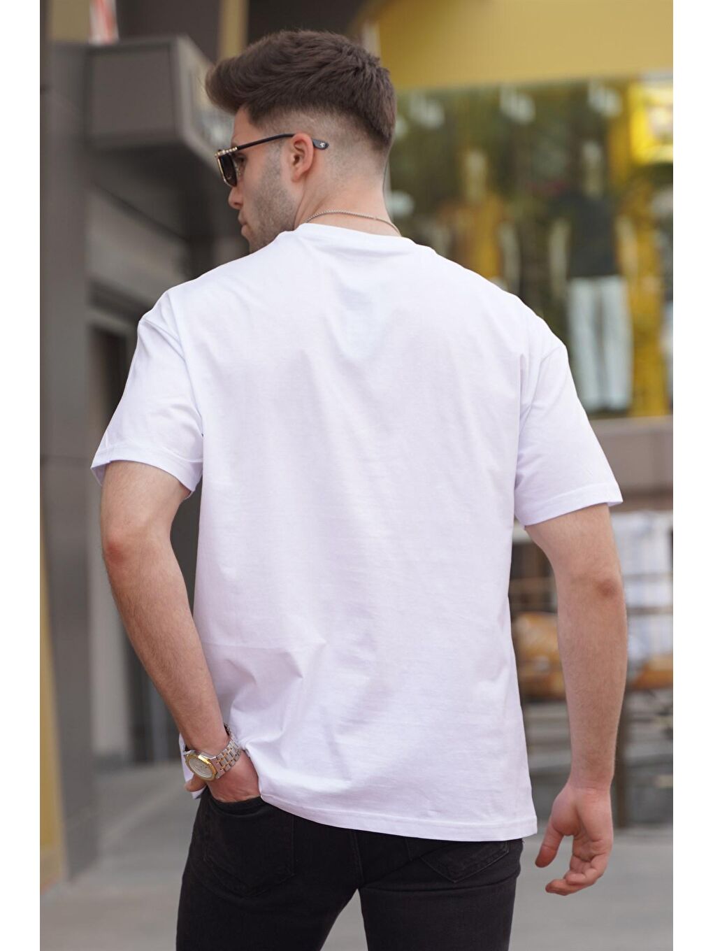 Beyaz Cep Detaylı Oversize Erkek Tişört 5835-1