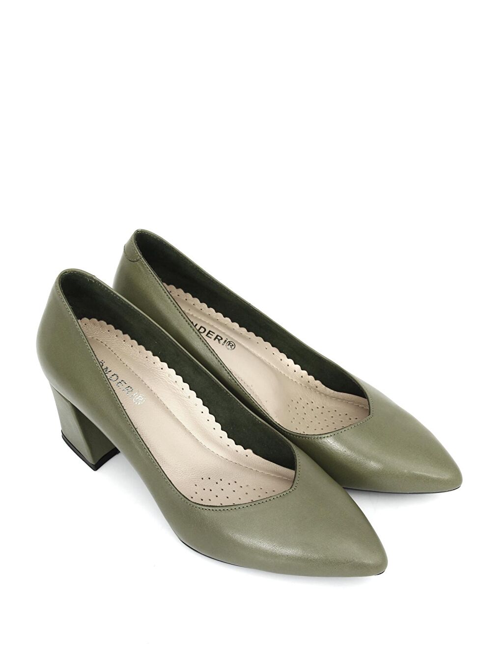 HAKİ  Hakiki Deri Sivri Burun Orta Kalın Topuklu Kadın Ayakkabı 24170-1