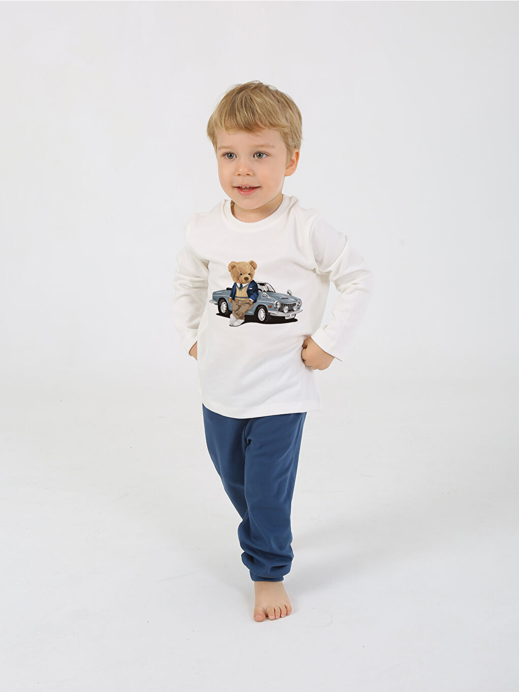 İndigo Bisiklet Yaka Uzun Kollu Erkek Çocuk Pijama Takımı