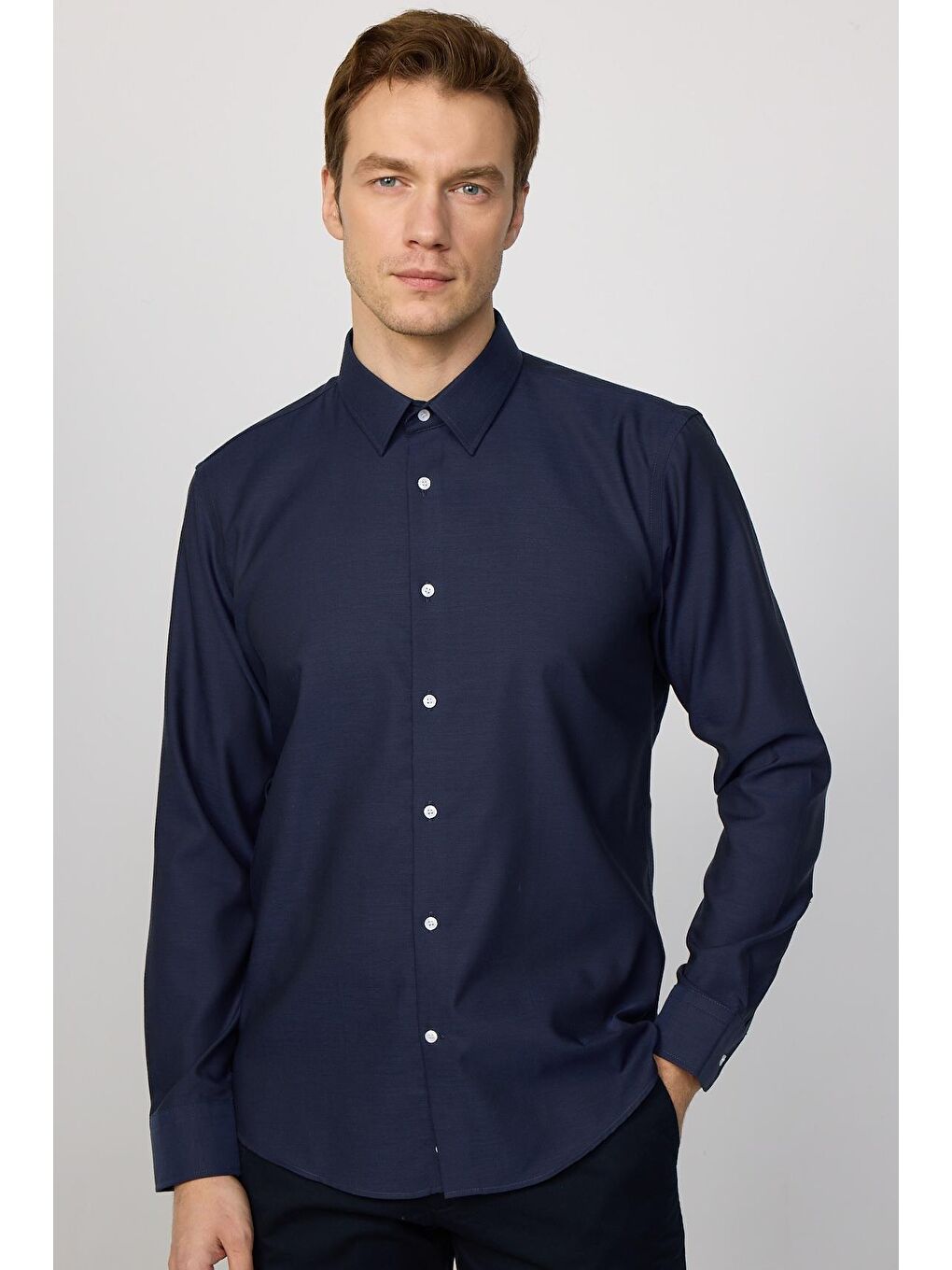 Slim Fit Lacivert Non-Iron %100 Pamuk Ekoteks Belgeli Ütü Gerektirmez Gömlek-2