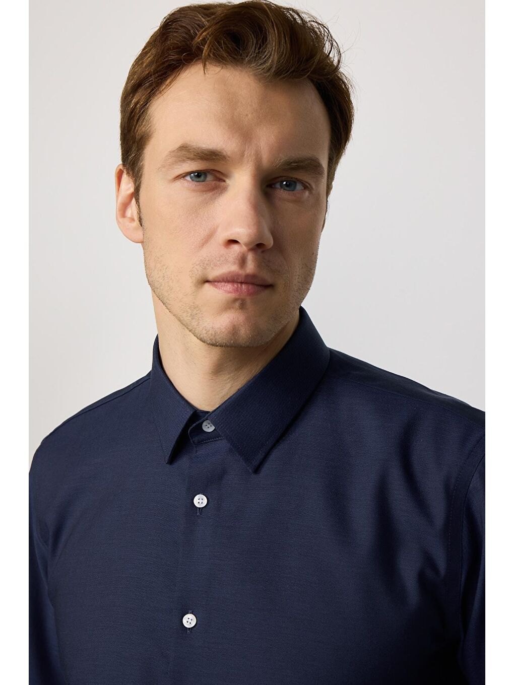 Slim Fit Lacivert Non-Iron %100 Pamuk Ekoteks Belgeli Ütü Gerektirmez Gömlek-3