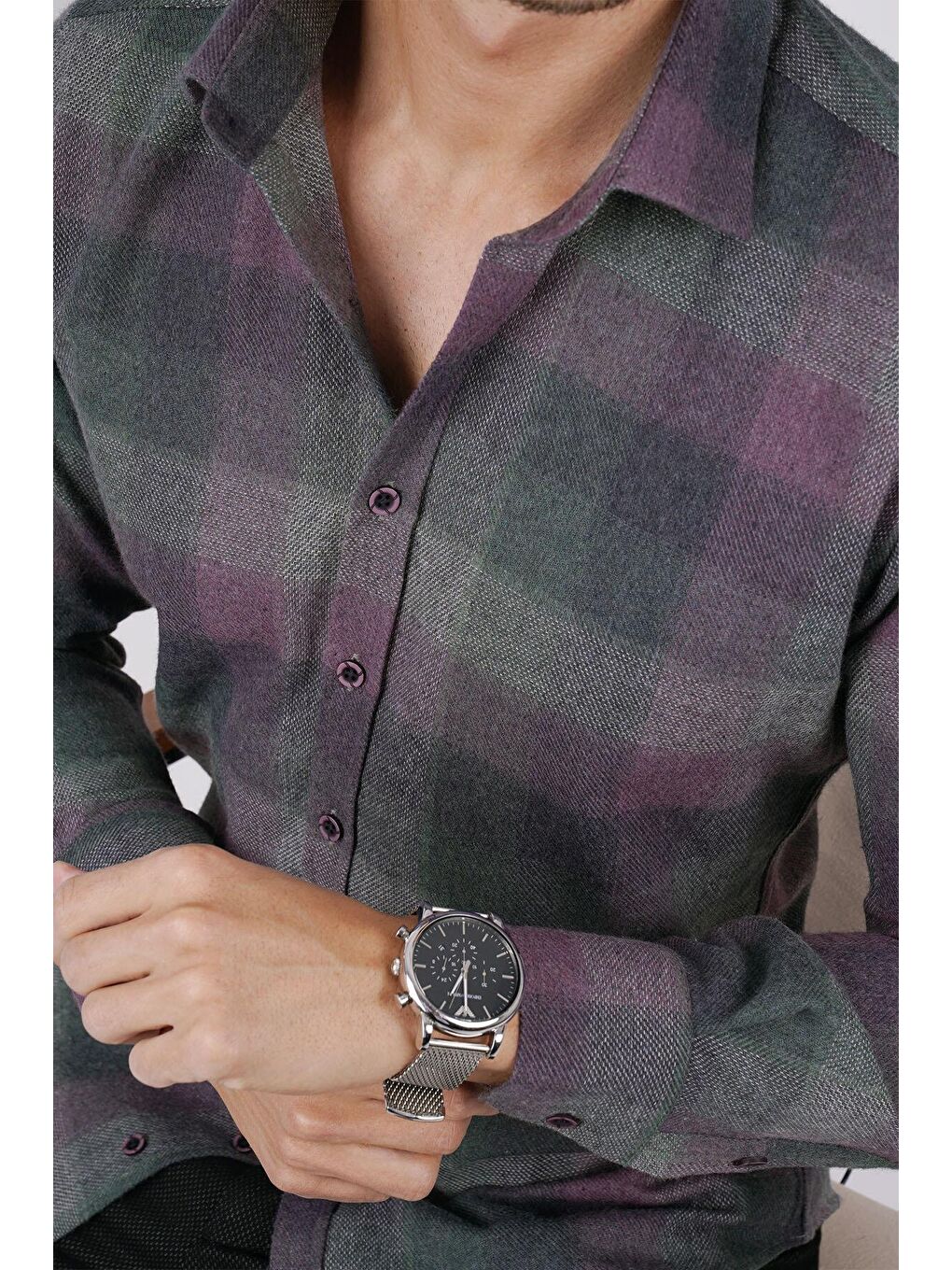 Gri Yeşil Lila Geçişli Slimfit Oduncu Erkek Gömlek