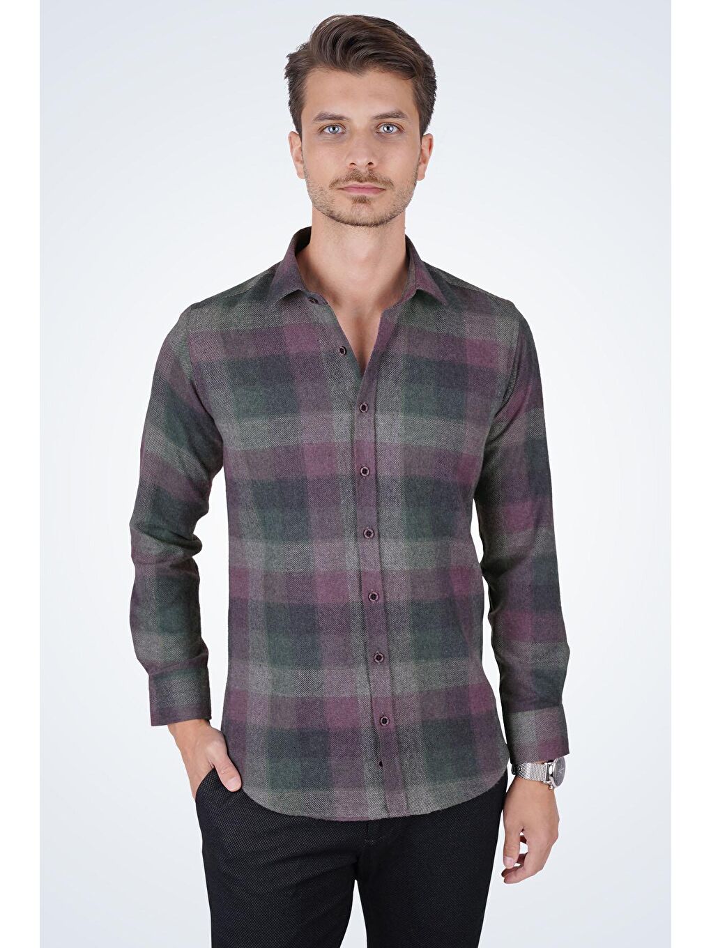 Gri Yeşil Lila Geçişli Slimfit Oduncu Erkek Gömlek-1