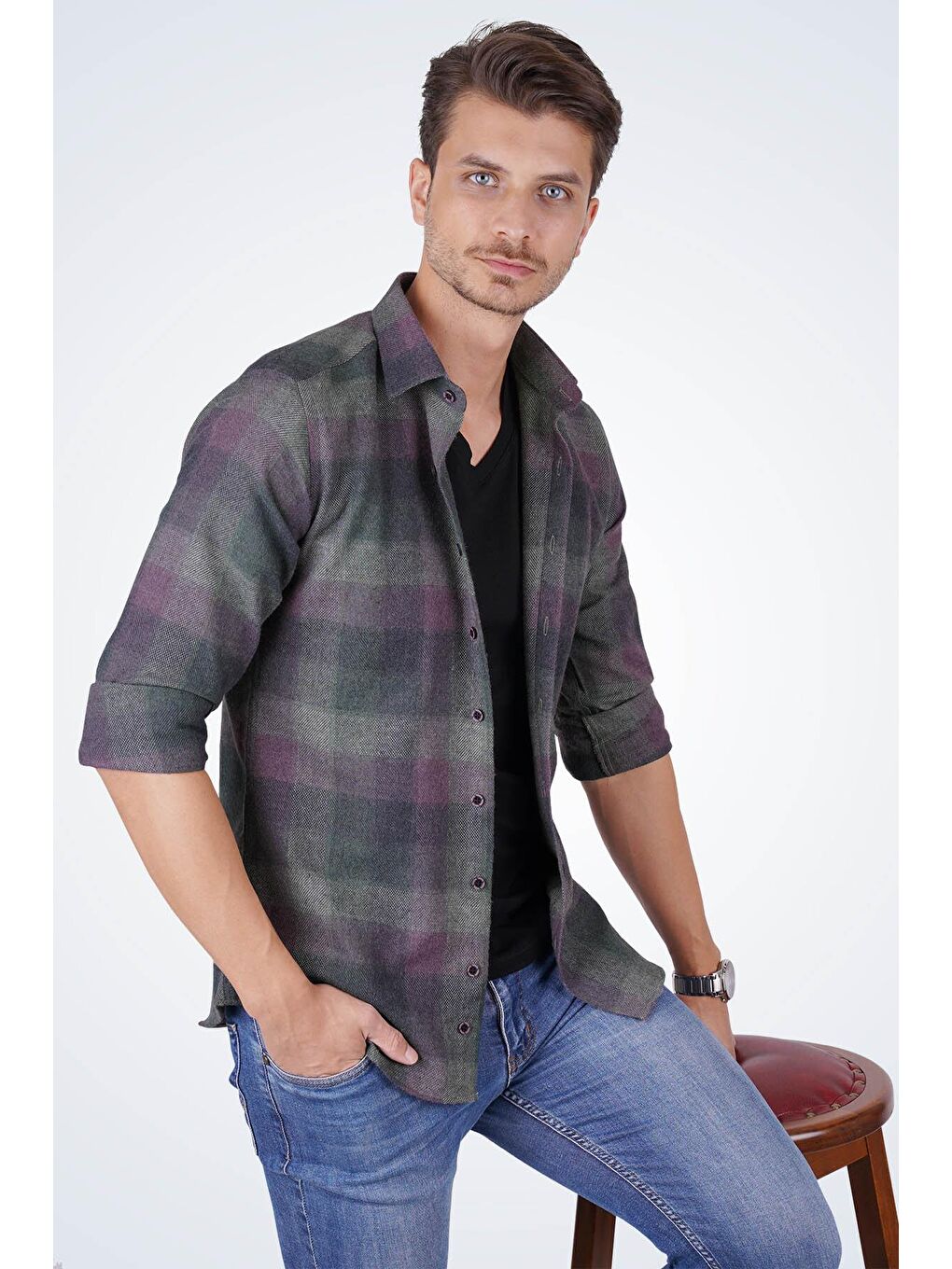 Gri Yeşil Lila Geçişli Slimfit Oduncu Erkek Gömlek-2