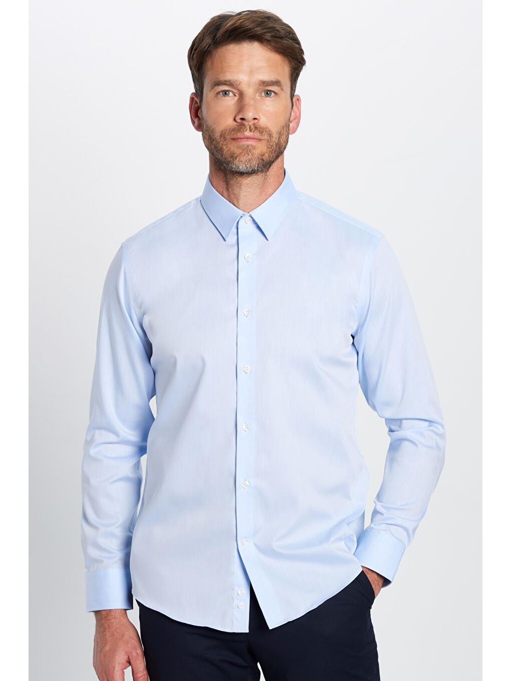 Slim Fit Mavi Non-Iron %100 Pamuk Ekoteks Belgeli Ütü Gerektirmez Gömlek-1