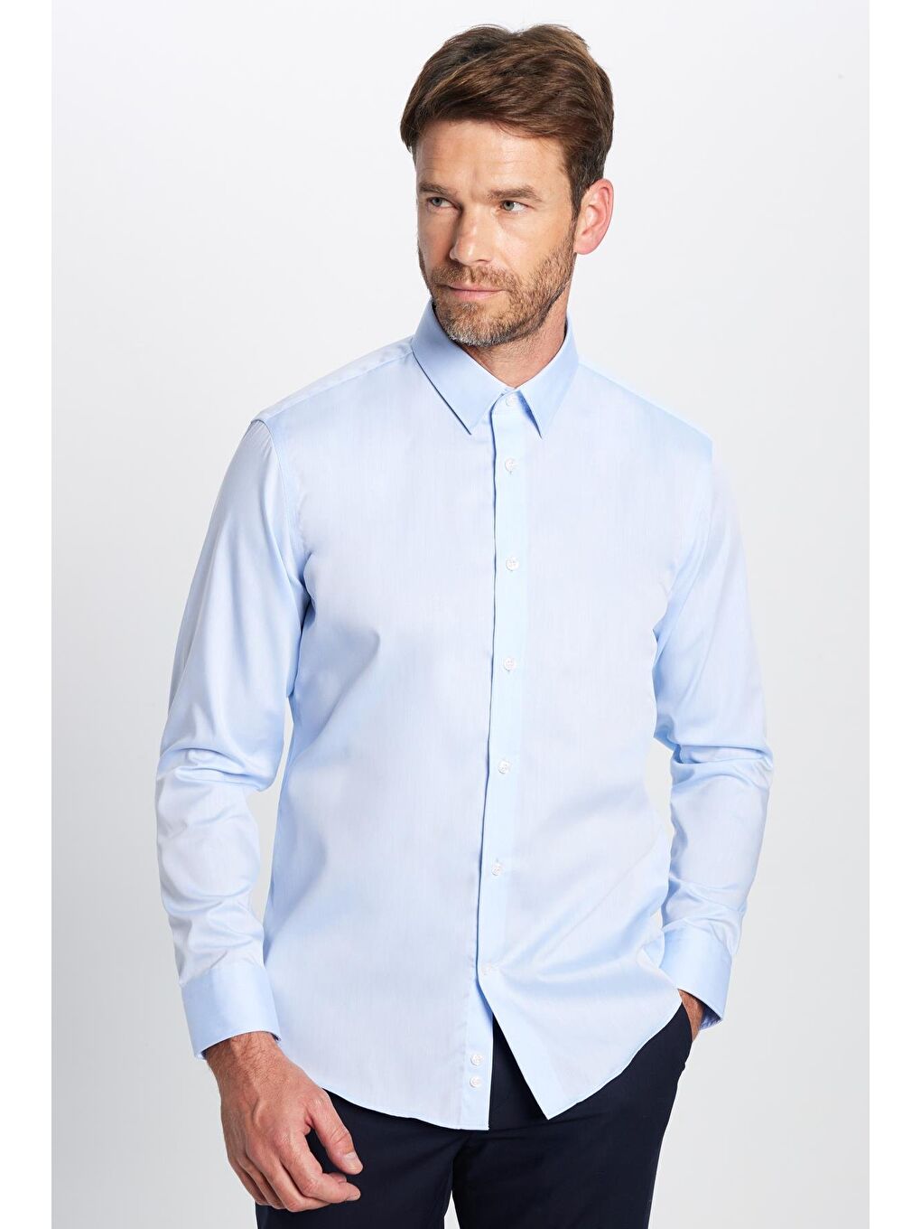 Slim Fit Mavi Non-Iron %100 Pamuk Ekoteks Belgeli Ütü Gerektirmez Gömlek-2