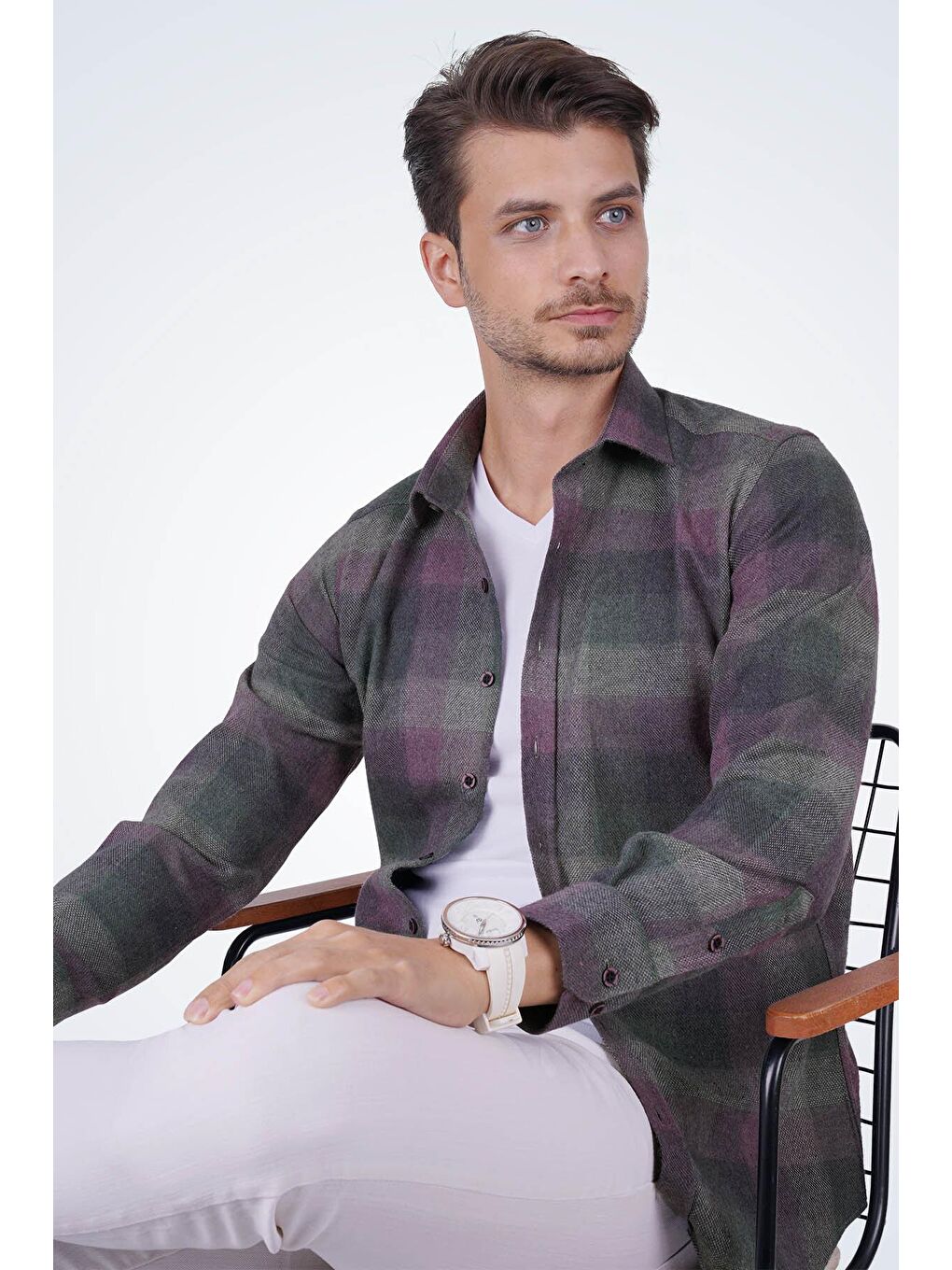 Gri Yeşil Lila Geçişli Slimfit Oduncu Erkek Gömlek-4
