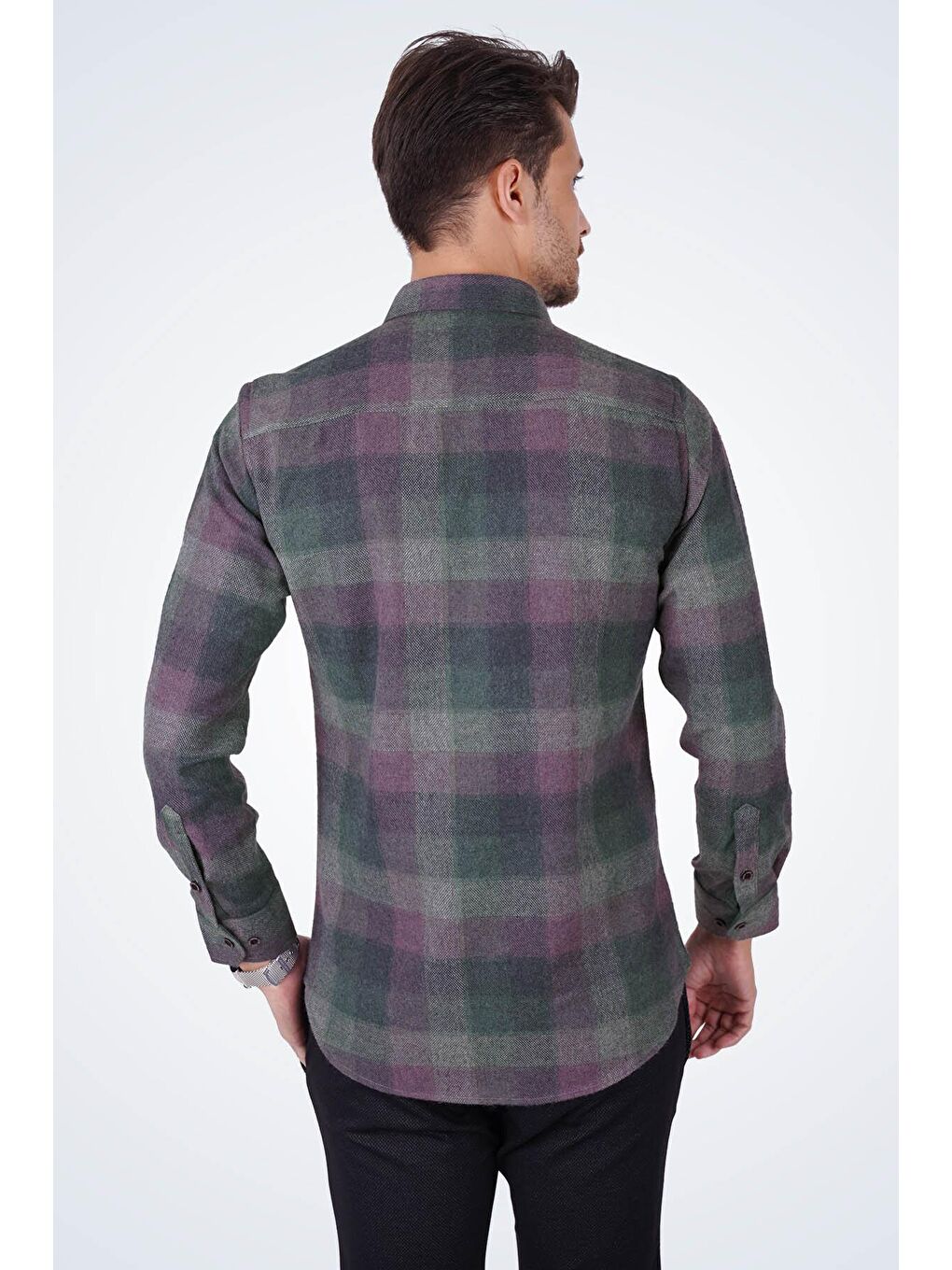 Gri Yeşil Lila Geçişli Slimfit Oduncu Erkek Gömlek-5