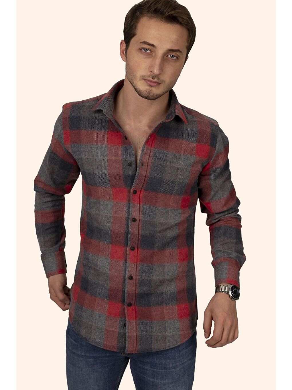 Kırmızı Gri Dama Slimfit %100 Pamuk Erkek Oduncu Gömlek-1