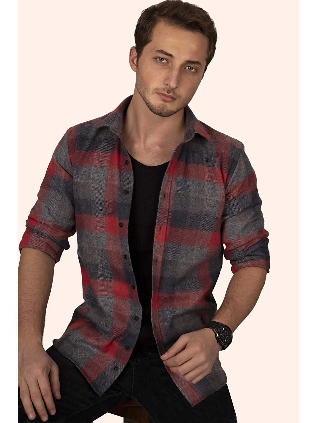 Kırmızı Gri Dama Slimfit %100 Pamuk Erkek Oduncu Gömlek-2