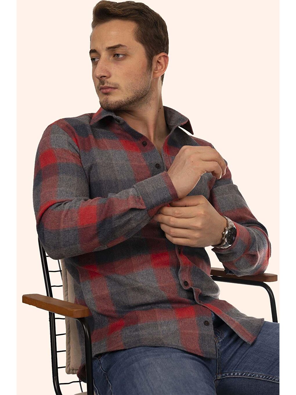 Kırmızı Gri Dama Slimfit %100 Pamuk Erkek Oduncu Gömlek-4