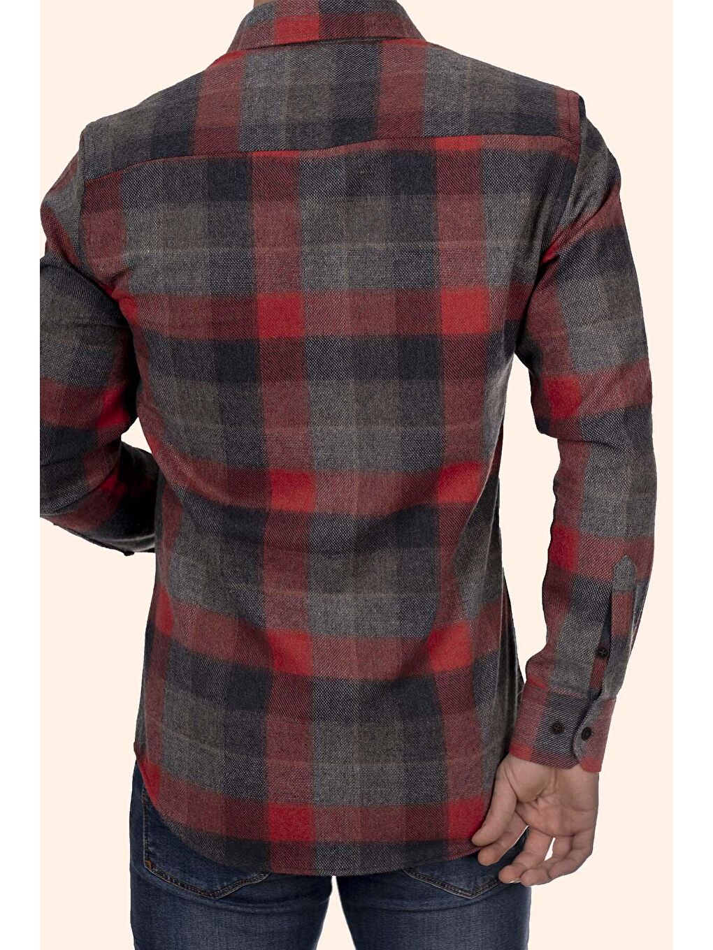 Kırmızı Gri Dama Slimfit %100 Pamuk Erkek Oduncu Gömlek-5