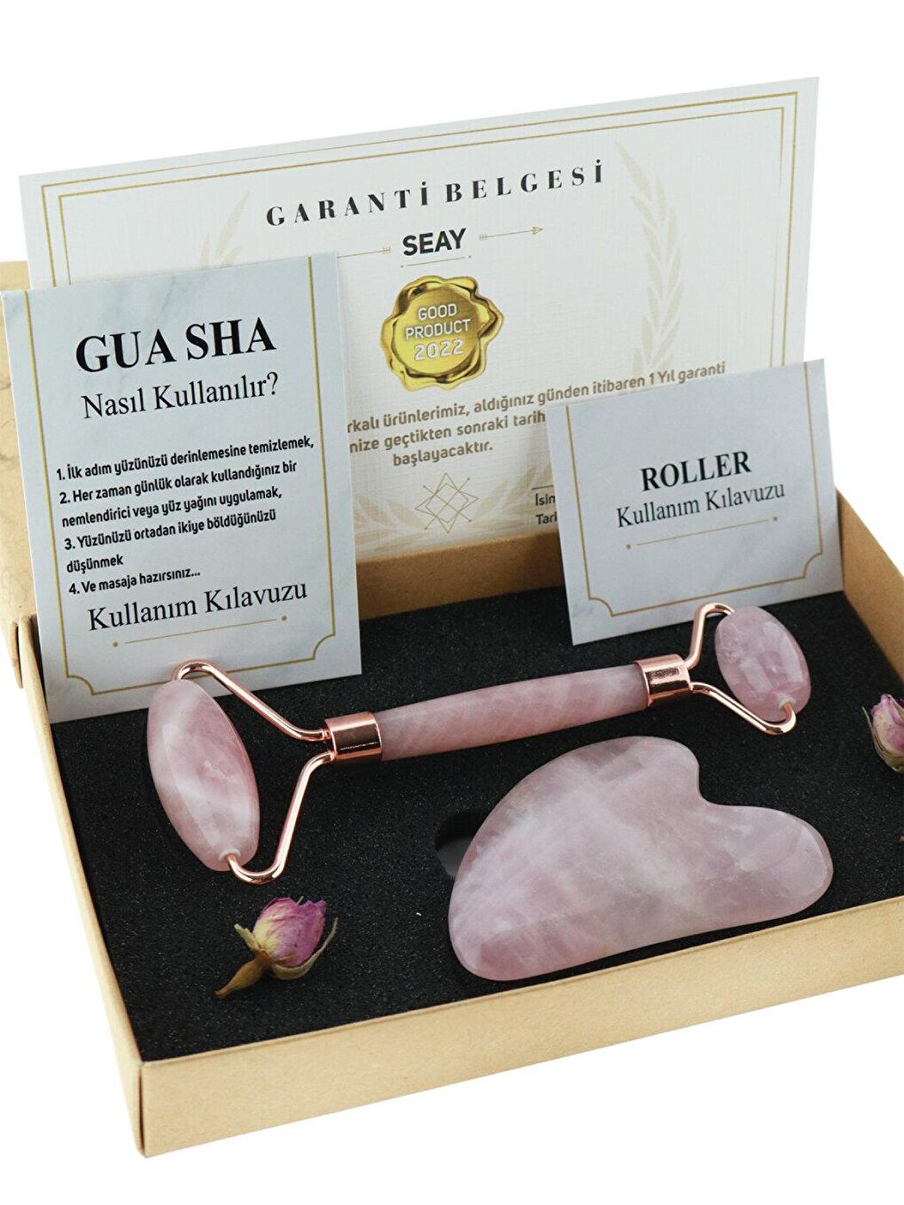 Pembe Kuvars Quartz Face Roller & Guasha Yüz Masaj Aleti Takımı Masaj Taşı Doğaltaş Premium