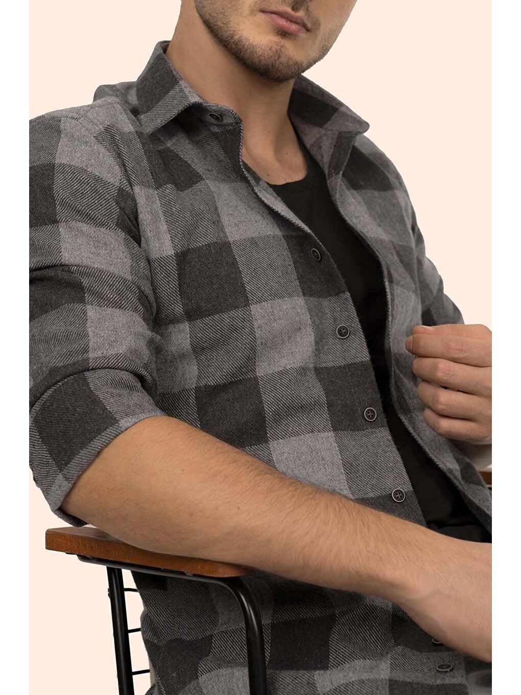 Siyah Gri Slimfit %100 Pamuk Erkek Oduncu Gömlek