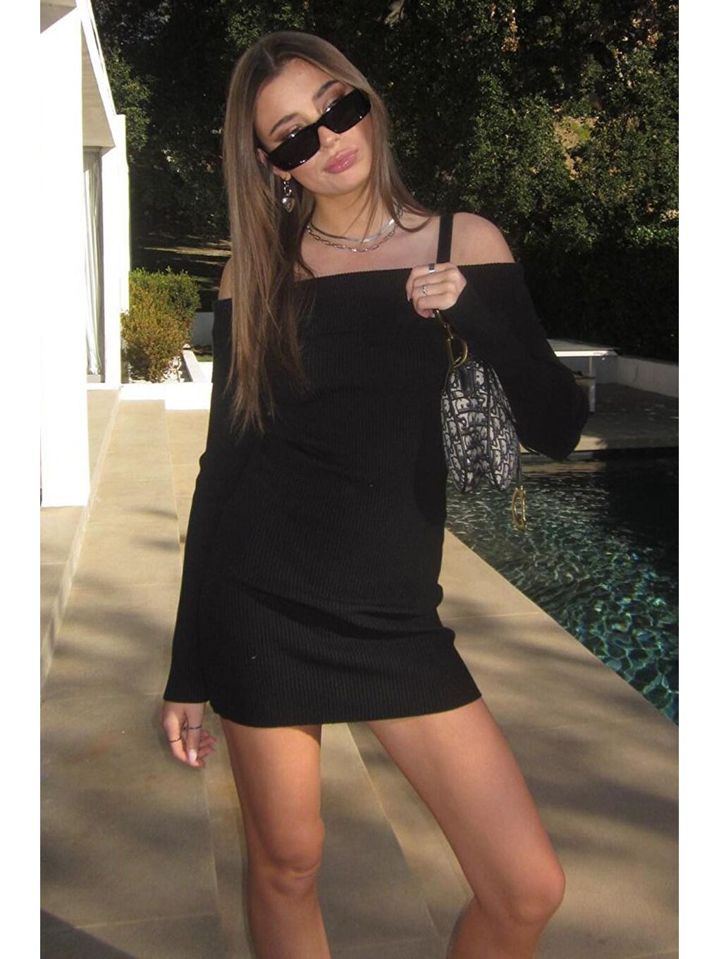 Siyah Madonna Yaka Uzun Kollu Mini Elbise Mg1699-3