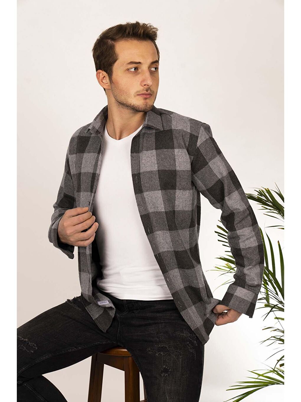 Siyah Gri Slimfit %100 Pamuk Erkek Oduncu Gömlek-1