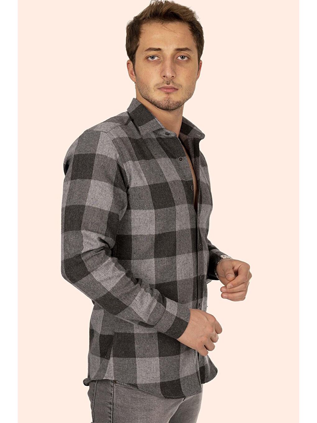 Siyah Gri Slimfit %100 Pamuk Erkek Oduncu Gömlek-2