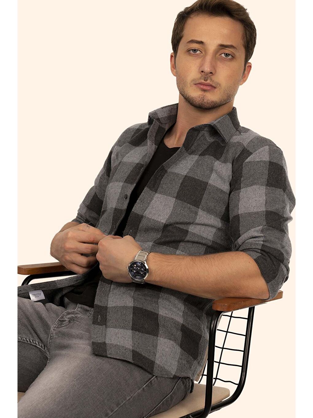 Siyah Gri Slimfit %100 Pamuk Erkek Oduncu Gömlek-4