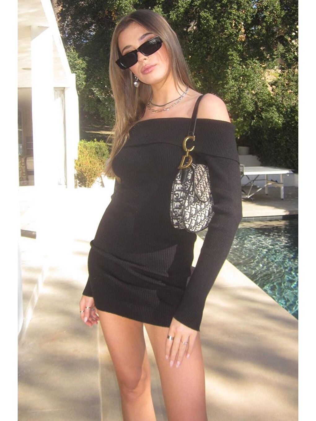 Siyah Madonna Yaka Uzun Kollu Mini Elbise Mg1699-4