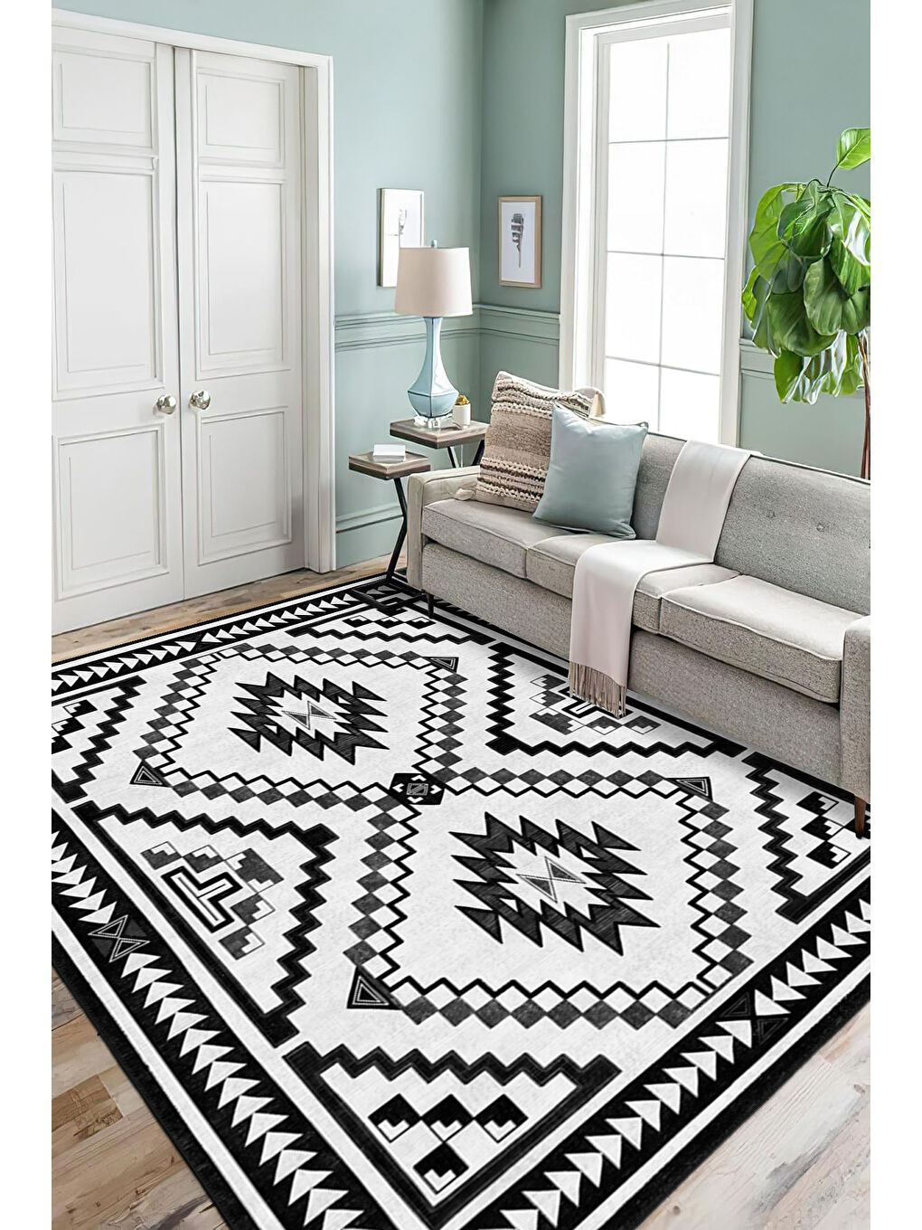 Siyah Dekoratif Özel Tasarım Yıkanabilir İnce Kaymaz Tabanlı Modern Halı KECE FR31-2