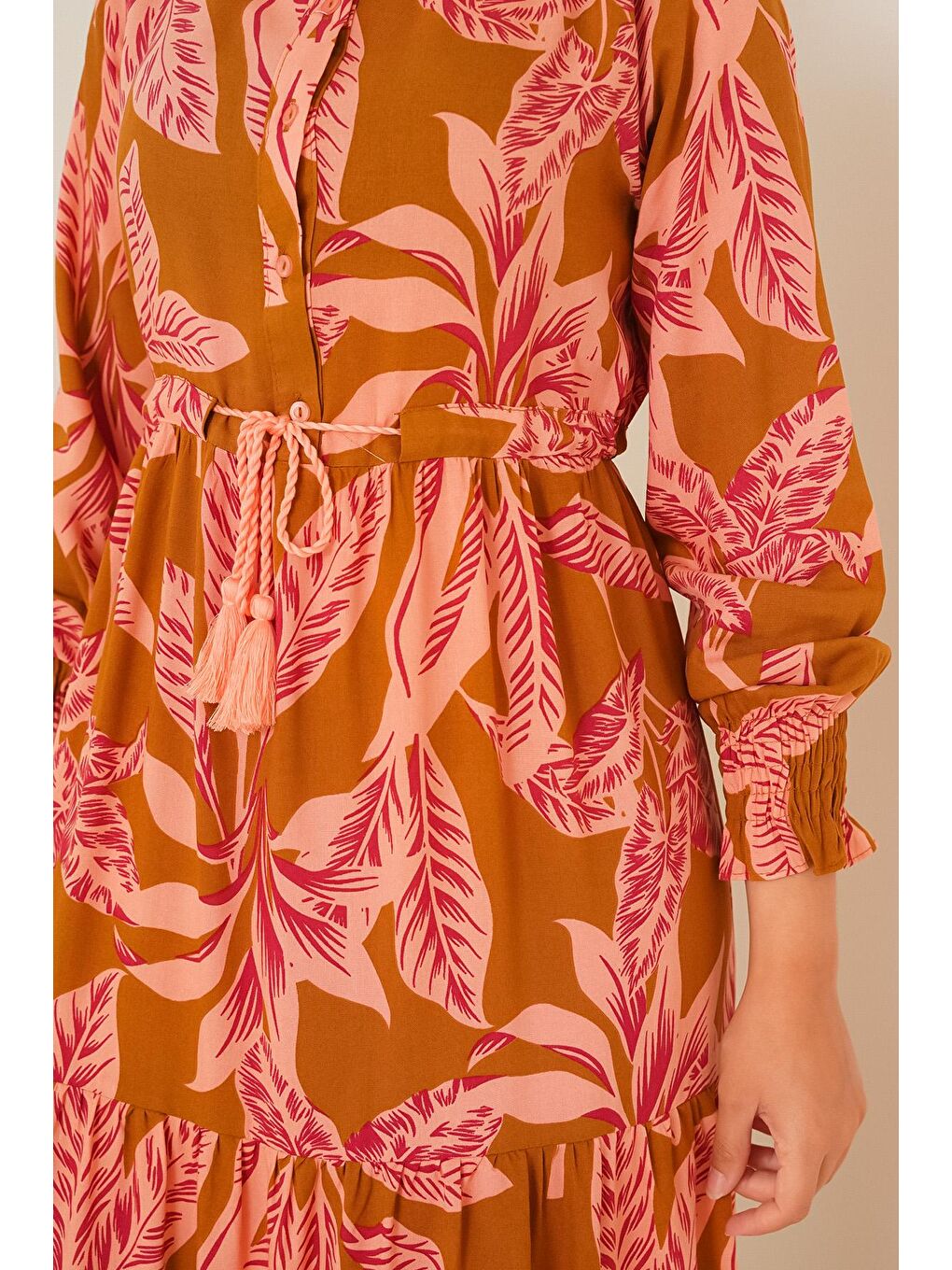 Kahverengi 2145 Desenli Tesettür Elbise - Taba-3