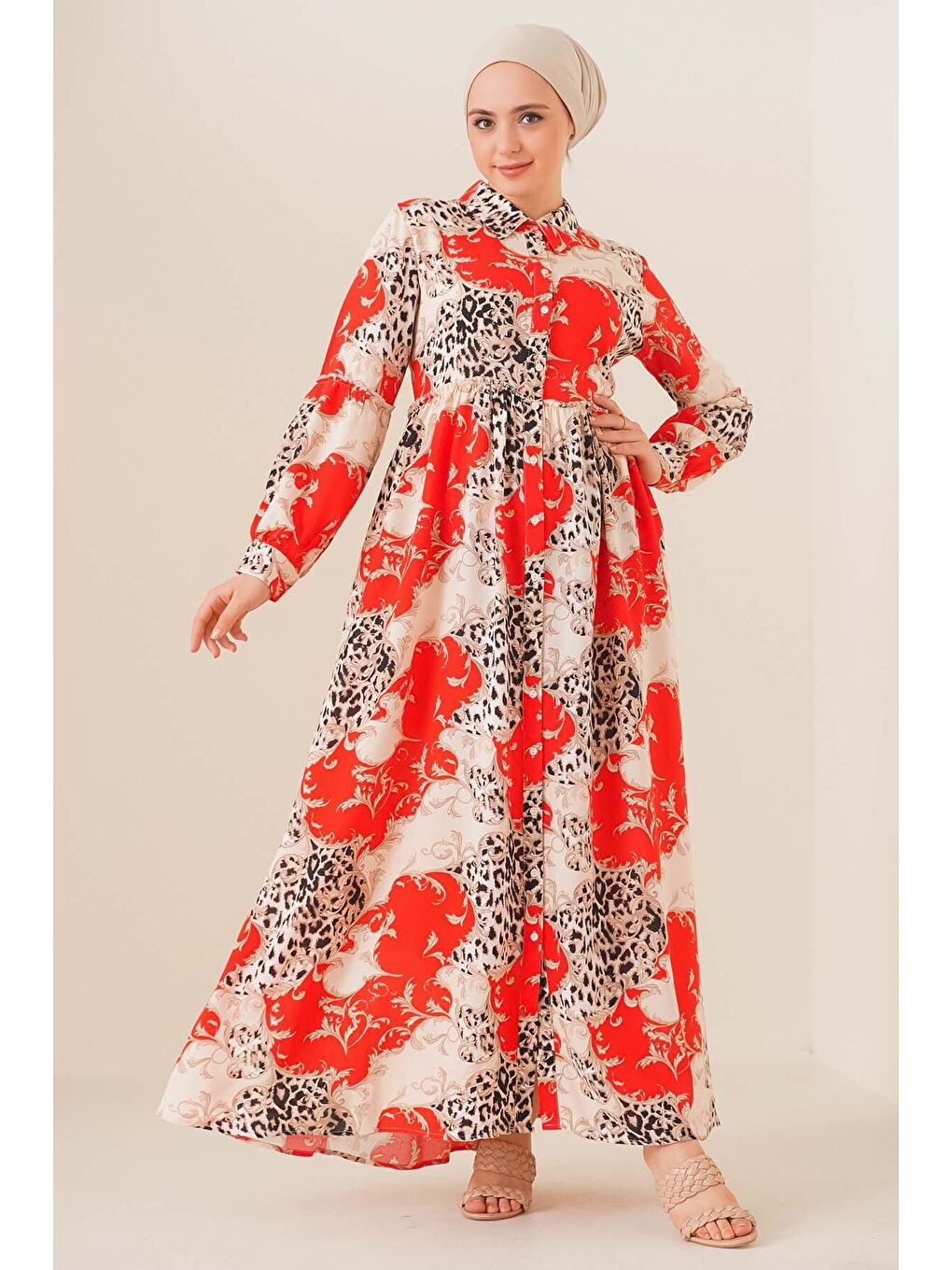 2295 Gömlek Yaka Tesettür Elbise - Kırmızı