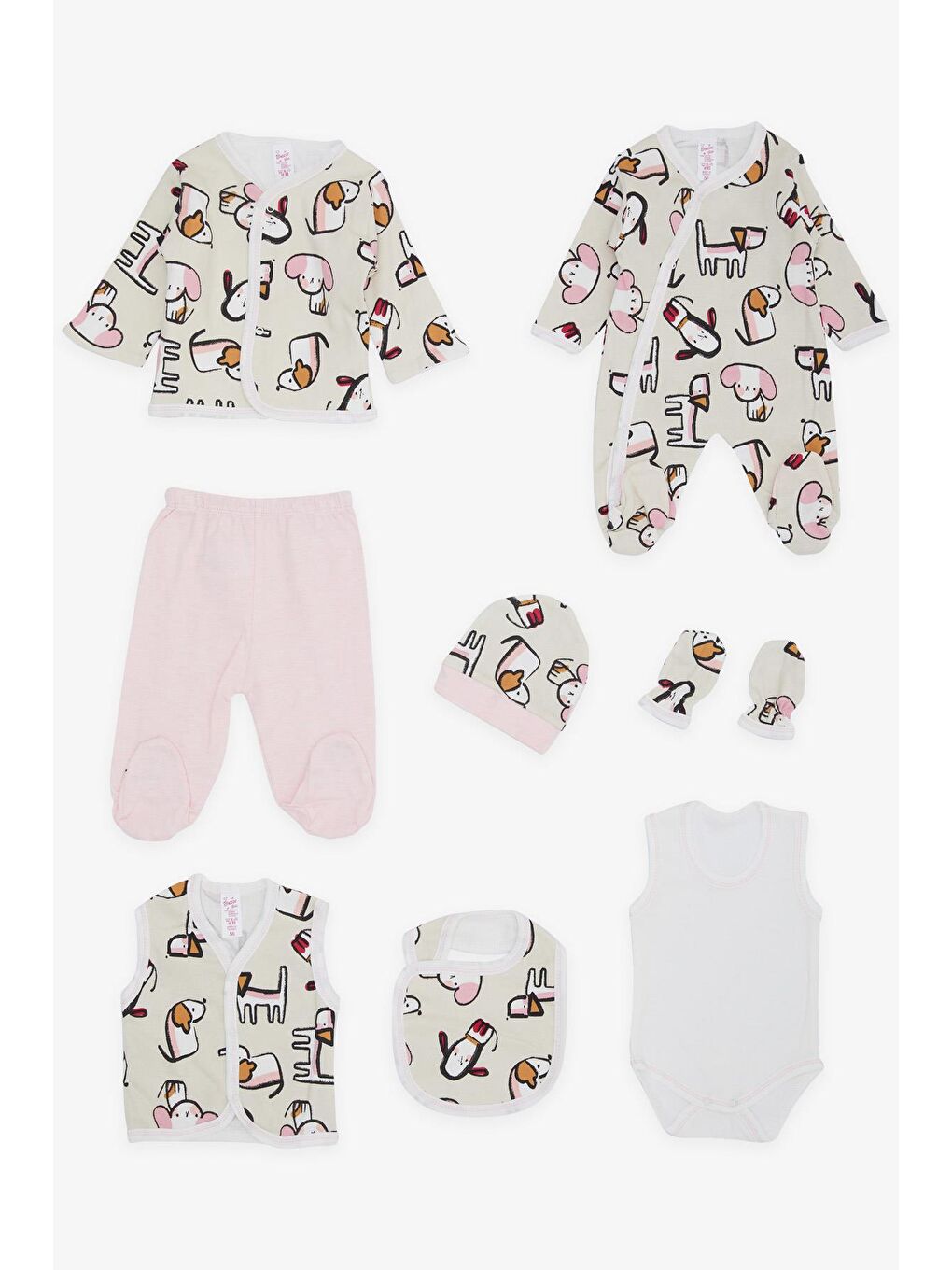 Ekru Kız Bebek Hastane Çıkışı 8 li Düşünceli Köpekçik Desenli Krem (0-3 Ay)