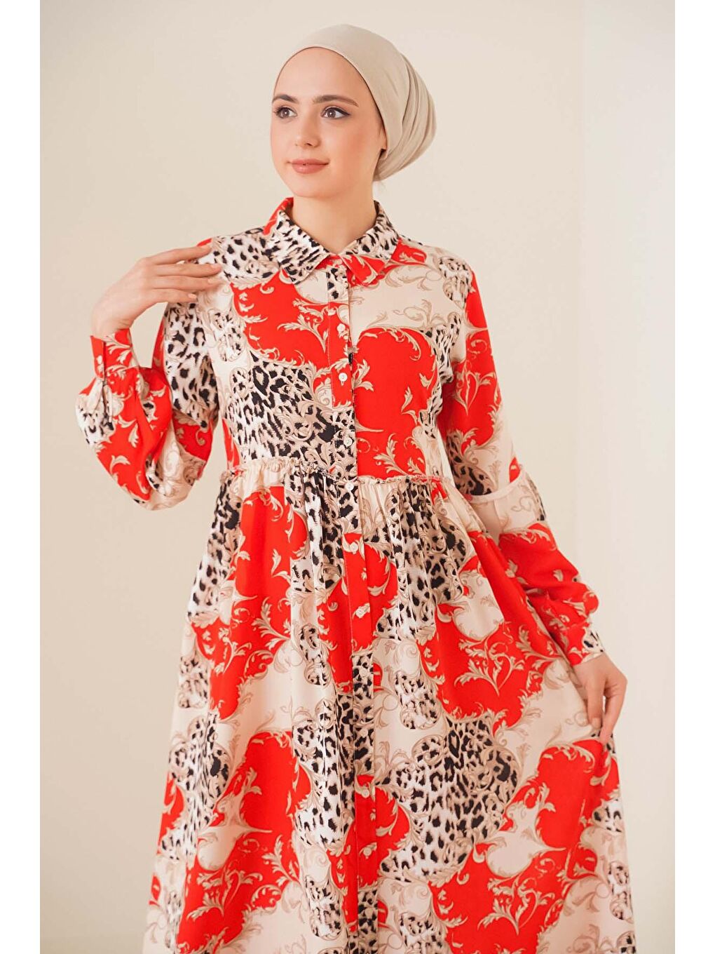 2295 Gömlek Yaka Tesettür Elbise - Kırmızı-1