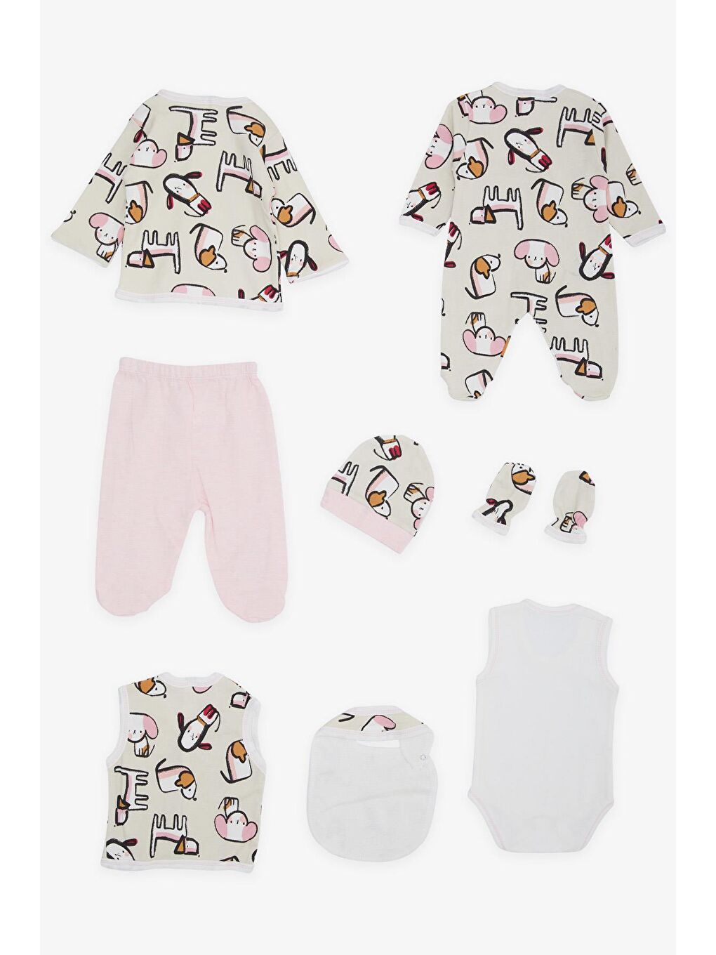 Ekru Kız Bebek Hastane Çıkışı 8 li Düşünceli Köpekçik Desenli Krem (0-3 Ay)-1