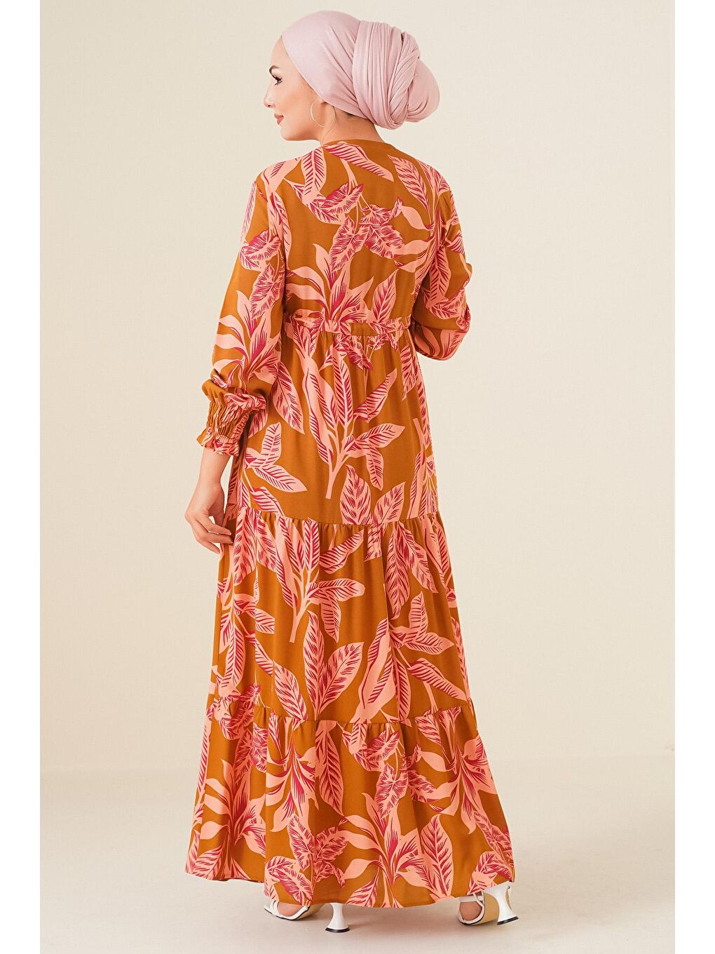 Kahverengi 2145 Desenli Tesettür Elbise - Taba-4