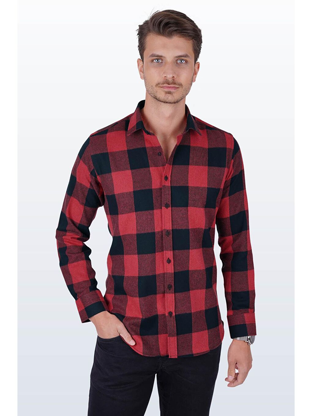 Kırmızı Siyah Dama Desenli Slimfit Oduncu Erkek Gömlek-1