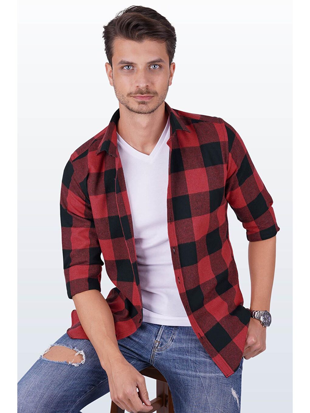Kırmızı Siyah Dama Desenli Slimfit Oduncu Erkek Gömlek-2